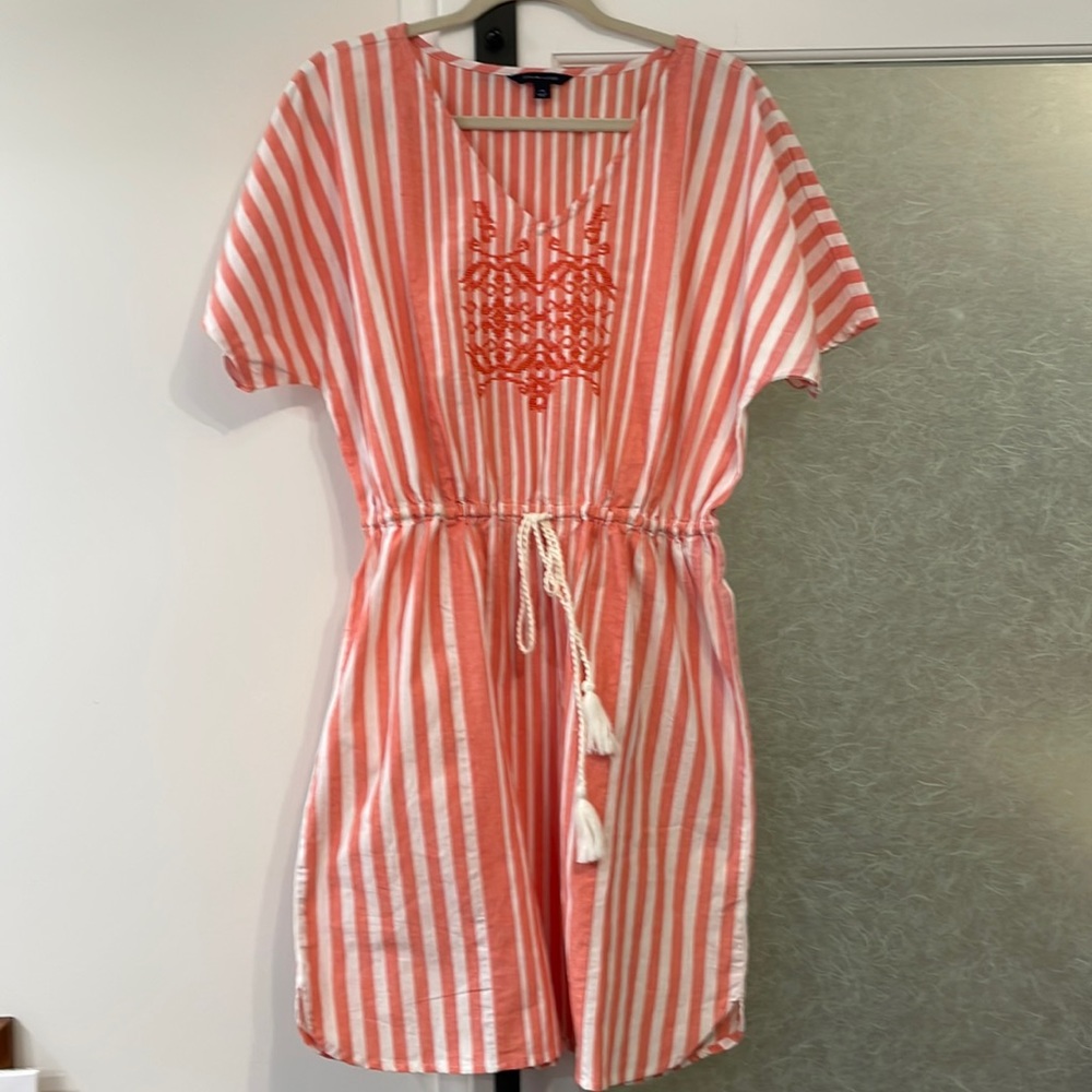 Tommy Hilfiger Coral and White Striped Midi Dress